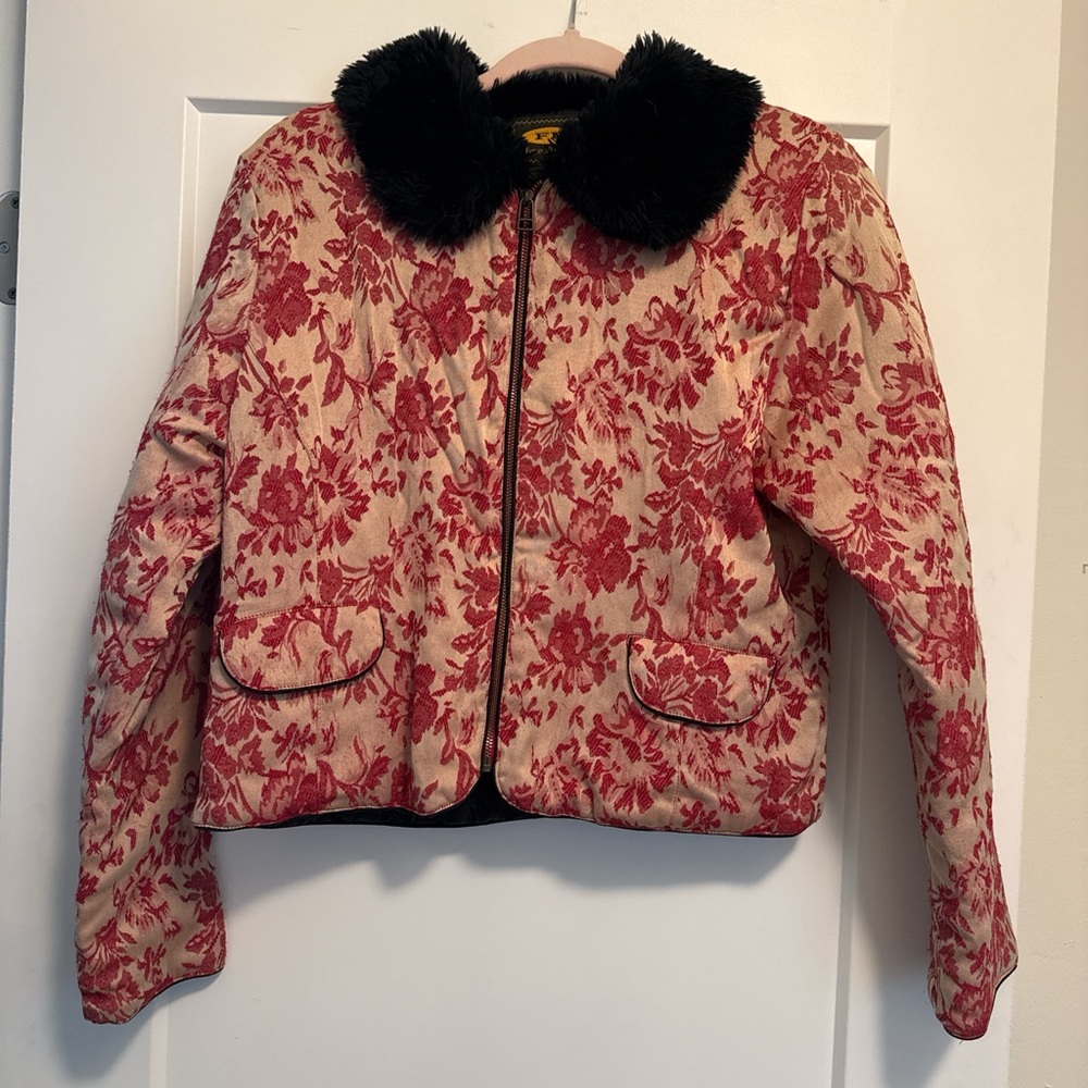 Y2K Free People Fur Collar Tapestry Quilted Jacket